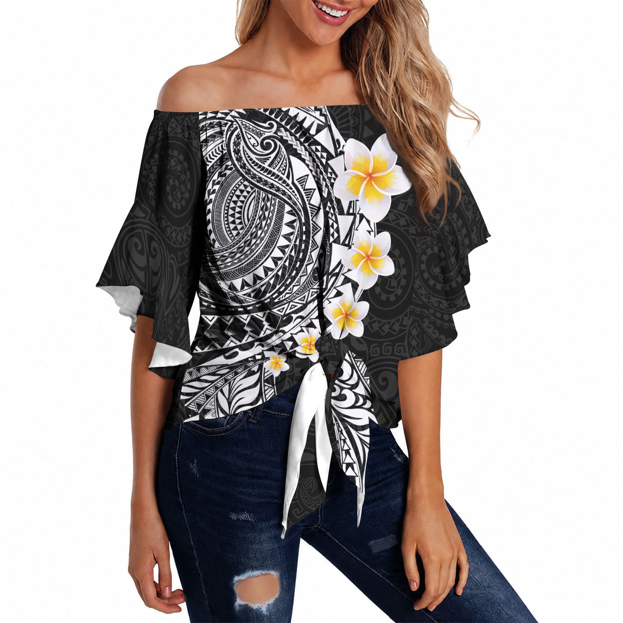 Hawaiian Tribal Tattoo and Plumeria Off Shoulder Wrap Waist Top Polynesian Pattern Black Color