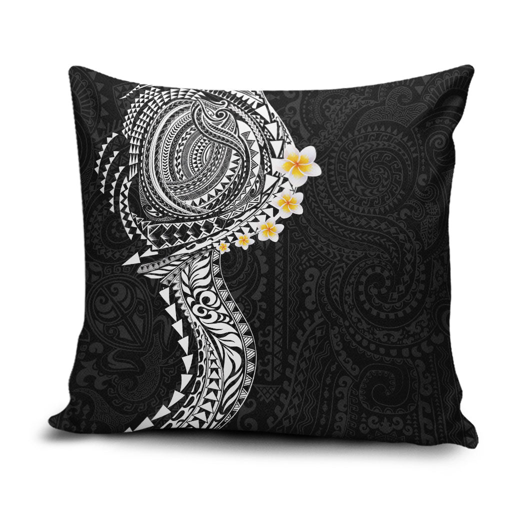 Hawaiian Tribal Tattoo and Plumeria Pillow Cover Polynesian Pattern Black Color