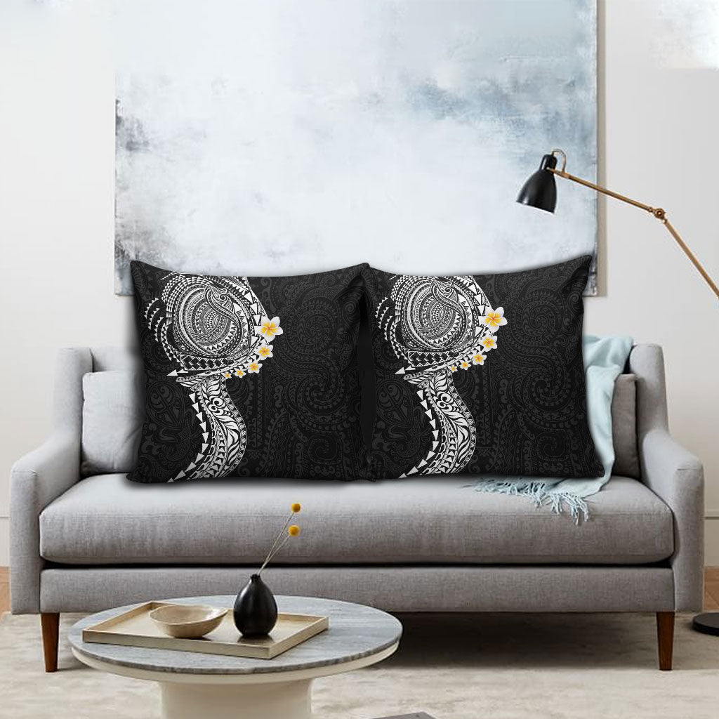 Hawaiian Tribal Tattoo and Plumeria Pillow Cover Polynesian Pattern Black Color