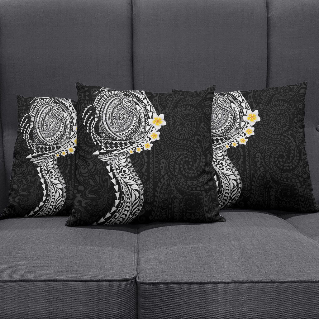 Hawaiian Tribal Tattoo and Plumeria Pillow Cover Polynesian Pattern Black Color
