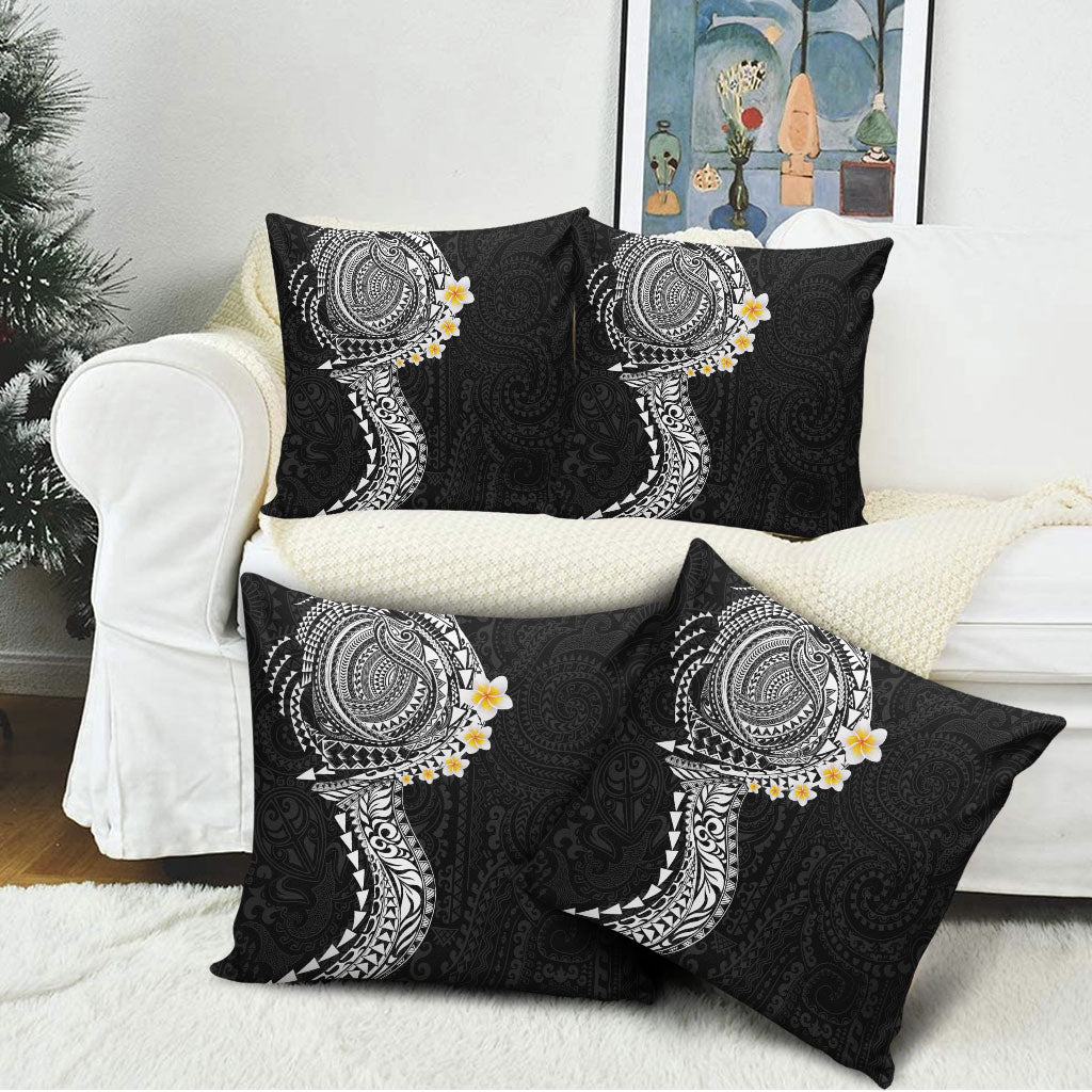 Hawaiian Tribal Tattoo and Plumeria Pillow Cover Polynesian Pattern Black Color