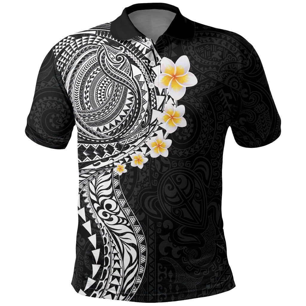 Hawaiian Tribal Tattoo and Plumeria Polo Shirt Polynesian Pattern Black Color