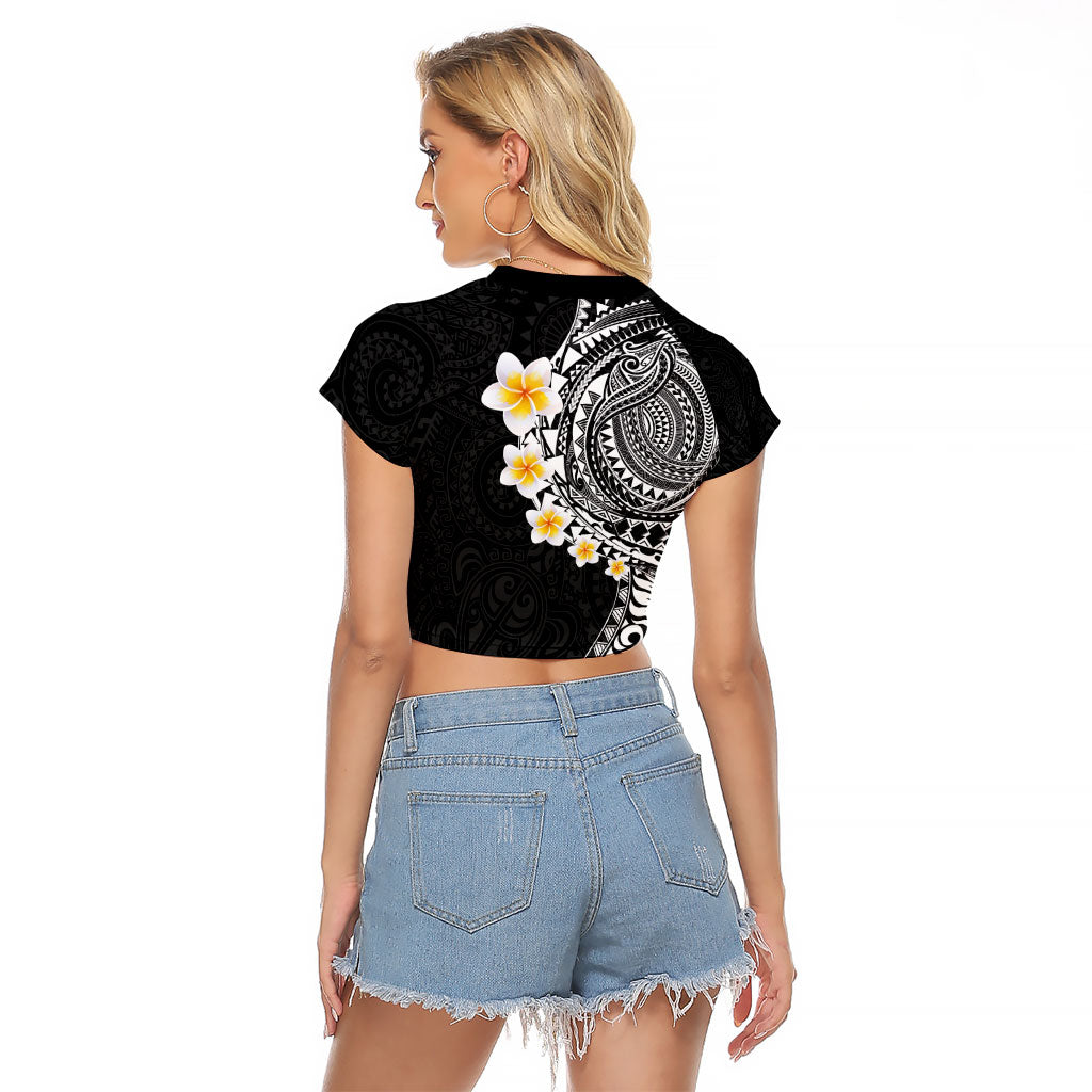 Hawaiian Tribal Tattoo and Plumeria Raglan Cropped T Shirt Polynesian Pattern Black Color