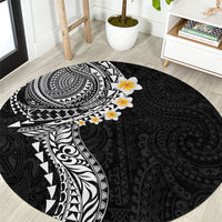 Hawaiian Tribal Tattoo and Plumeria Round Carpet Polynesian Pattern Black Color
