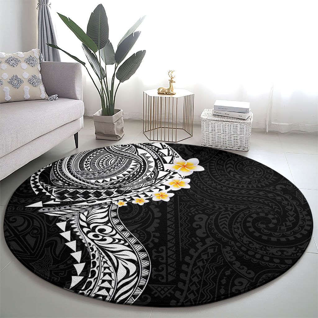 Hawaiian Tribal Tattoo and Plumeria Round Carpet Polynesian Pattern Black Color