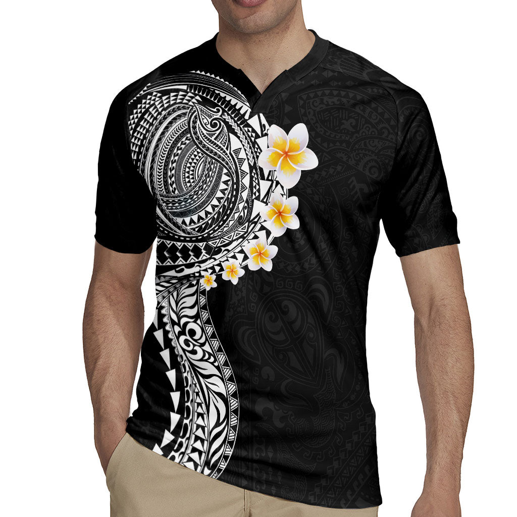 Hawaiian Tribal Tattoo and Plumeria Rugby Jersey Polynesian Pattern Black Color