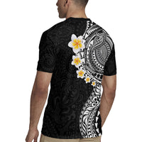 Hawaiian Tribal Tattoo and Plumeria Rugby Jersey Polynesian Pattern Black Color