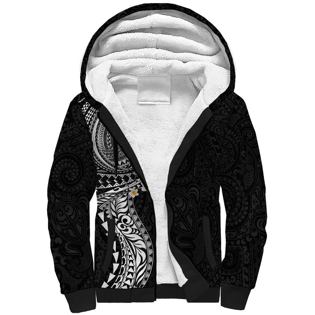 Hawaiian Tribal Tattoo and Plumeria Sherpa Hoodie Polynesian Pattern Black Color