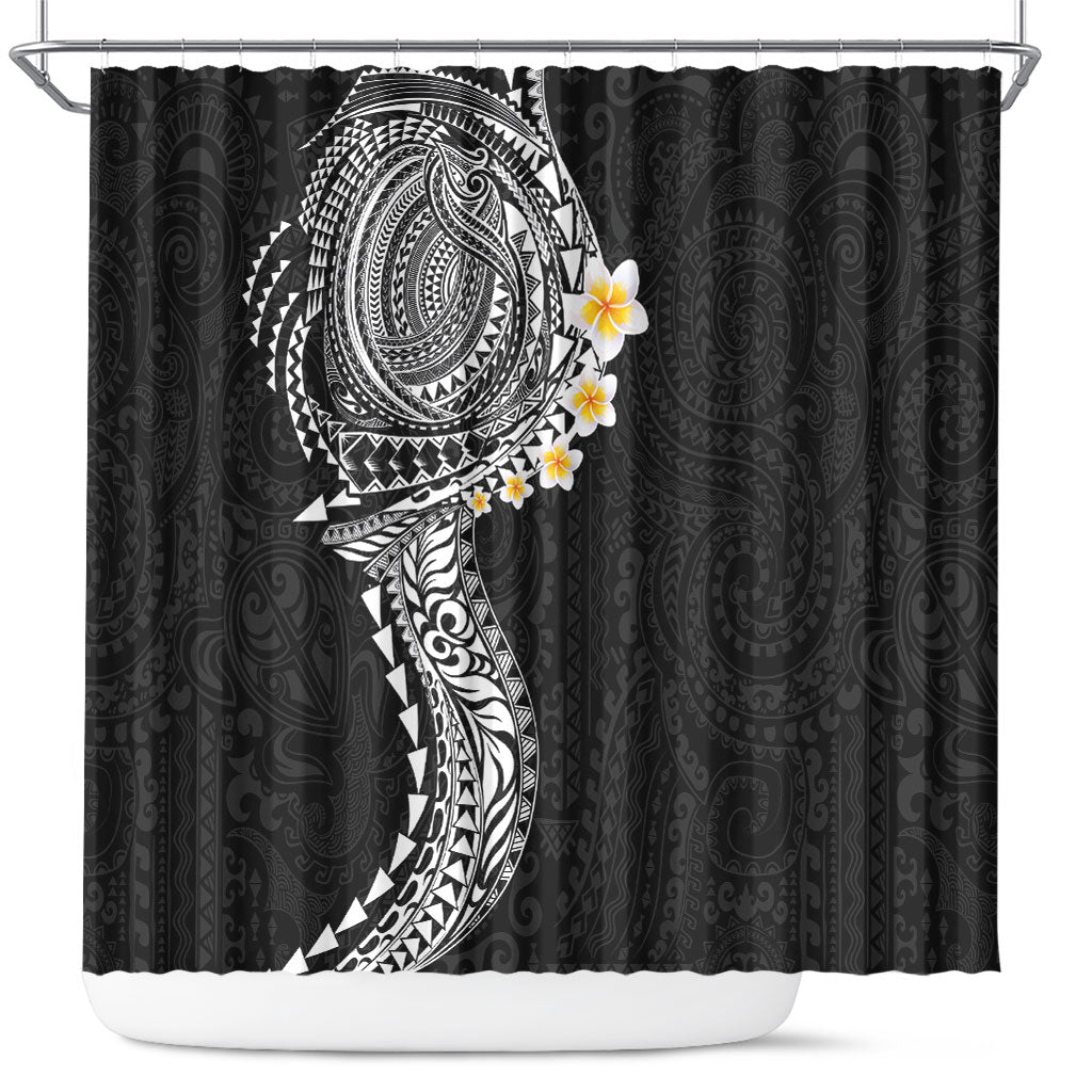Hawaiian Tribal Tattoo and Plumeria Shower Curtain Polynesian Pattern Black Color