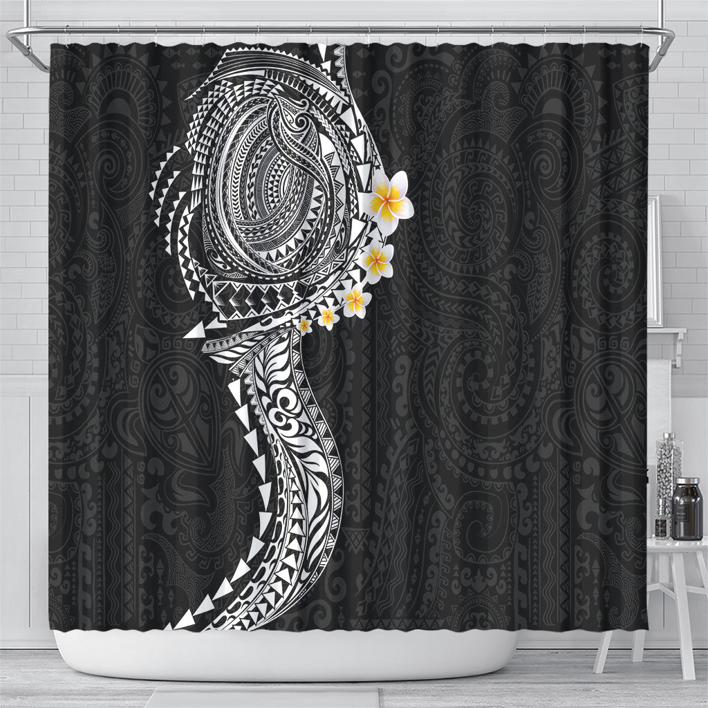 Hawaiian Tribal Tattoo and Plumeria Shower Curtain Polynesian Pattern Black Color