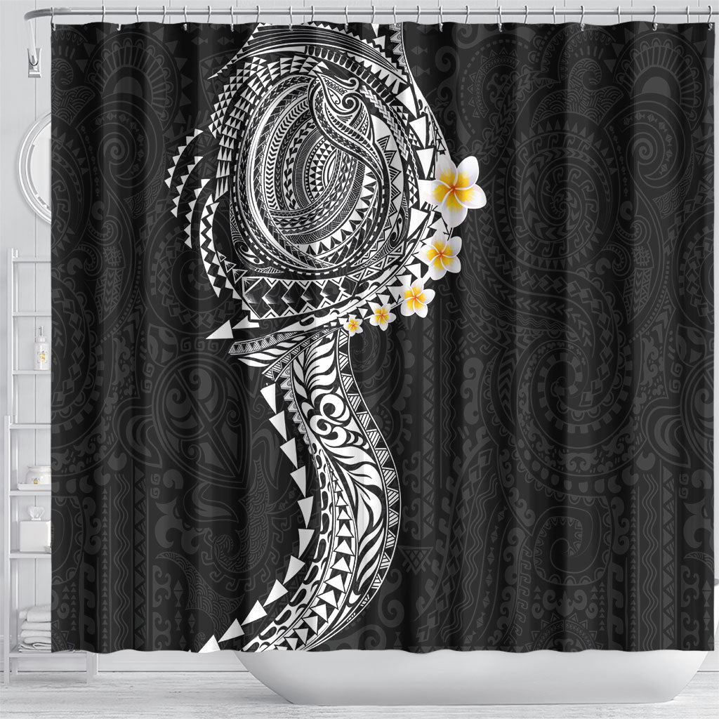 Hawaiian Tribal Tattoo and Plumeria Shower Curtain Polynesian Pattern Black Color