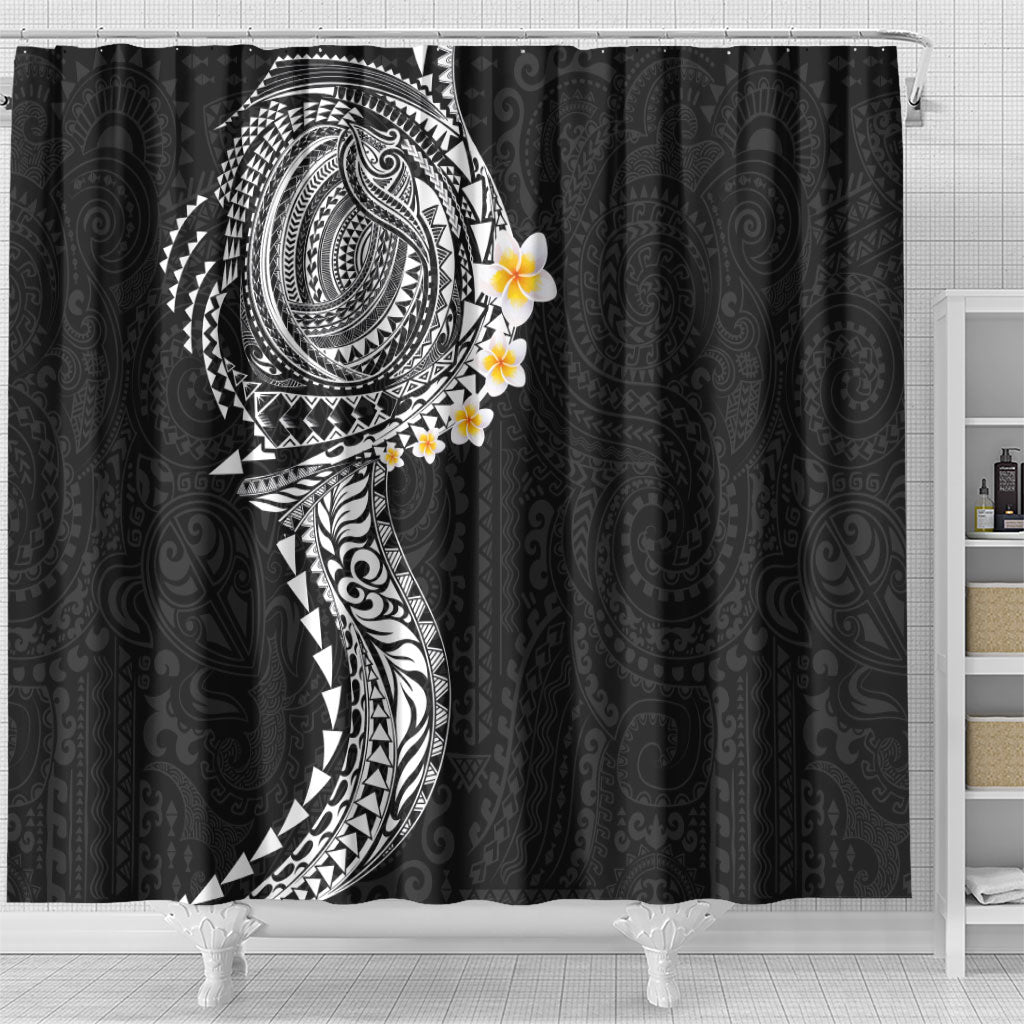 Hawaiian Tribal Tattoo and Plumeria Shower Curtain Polynesian Pattern Black Color