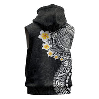 Hawaiian Tribal Tattoo and Plumeria Sleeveless Hoodie Polynesian Pattern Black Color