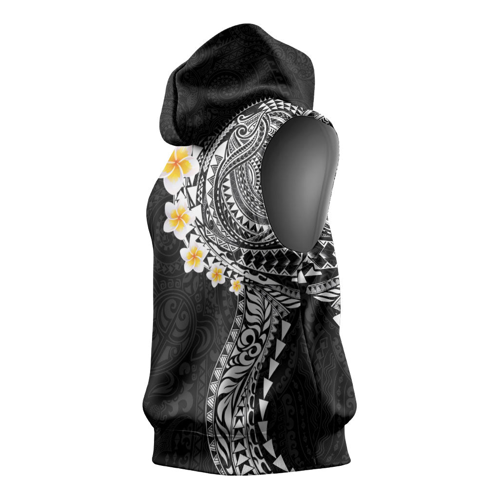 Hawaiian Tribal Tattoo and Plumeria Sleeveless Hoodie Polynesian Pattern Black Color