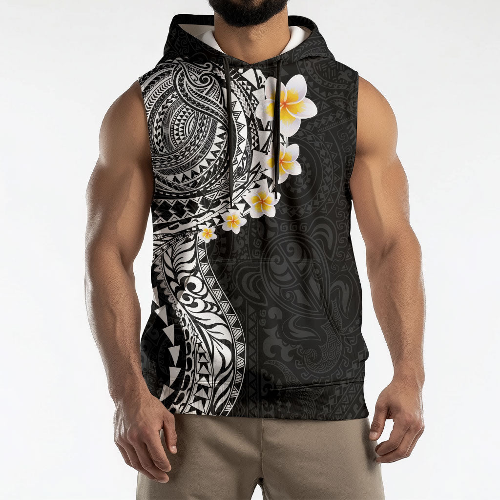 Hawaiian Tribal Tattoo and Plumeria Sleeveless Hoodie Polynesian Pattern Black Color