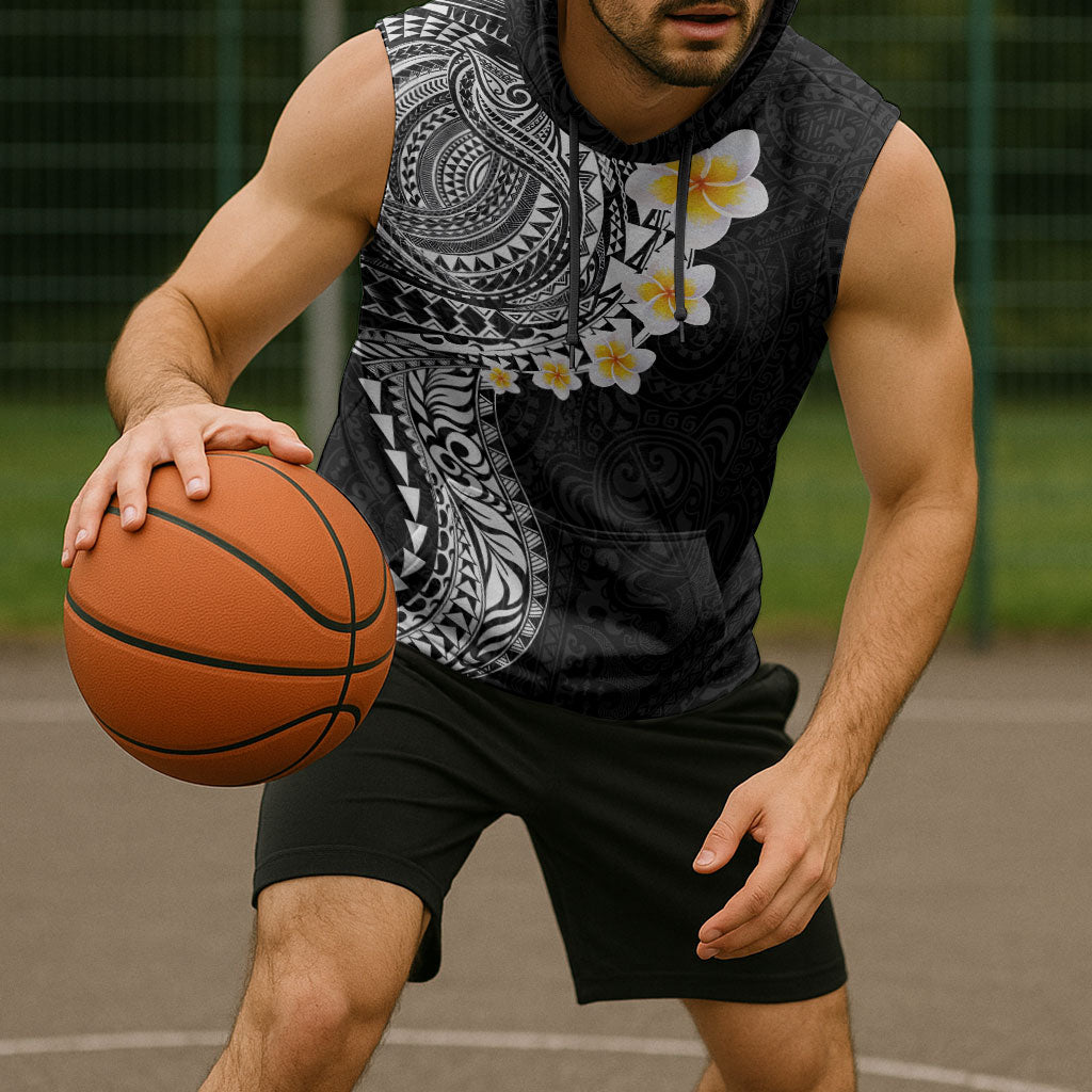 Hawaiian Tribal Tattoo and Plumeria Sleeveless Hoodie Polynesian Pattern Black Color