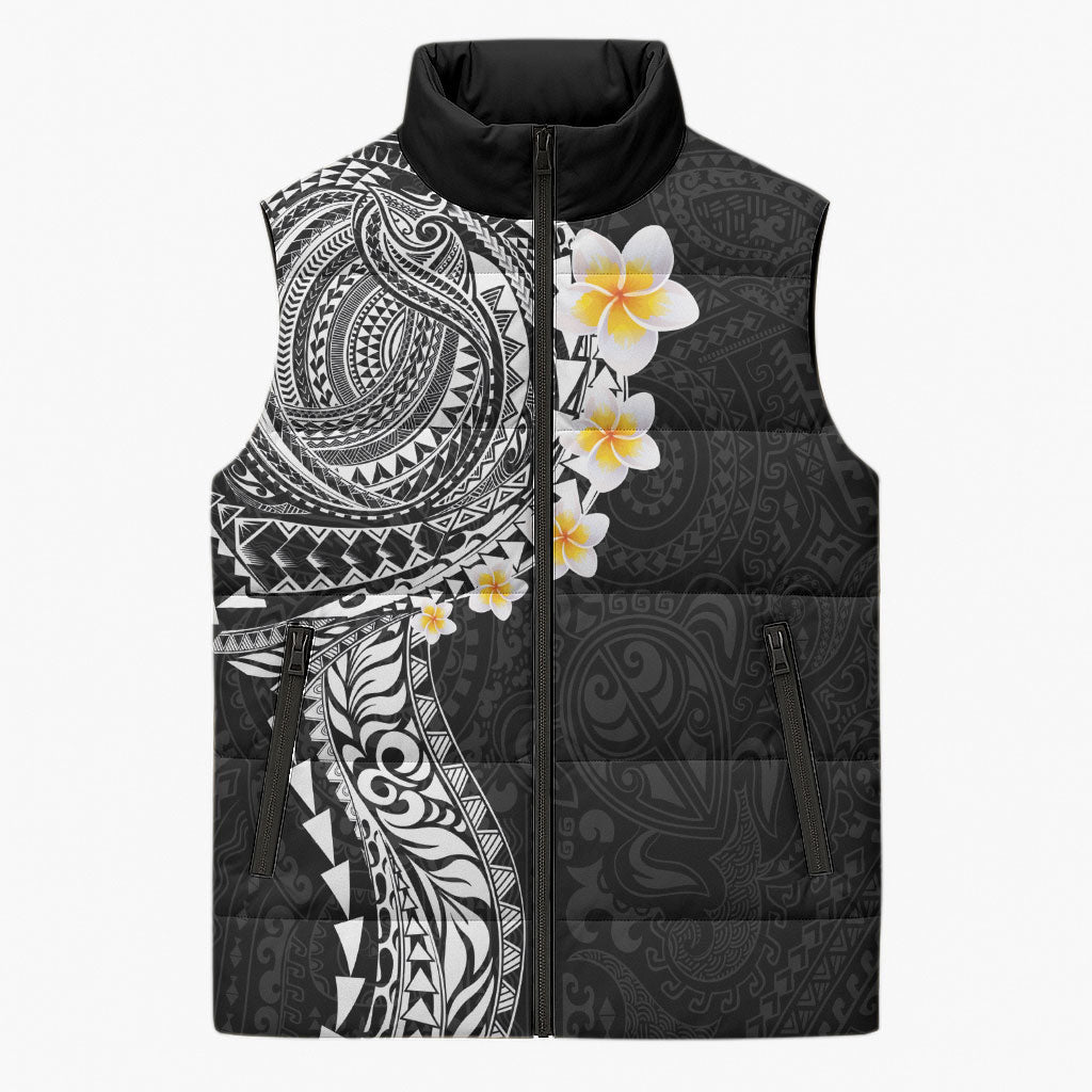 Hawaiian Tribal Tattoo and Plumeria Sleeveless Puffer Jacket Polynesian Pattern Black Color