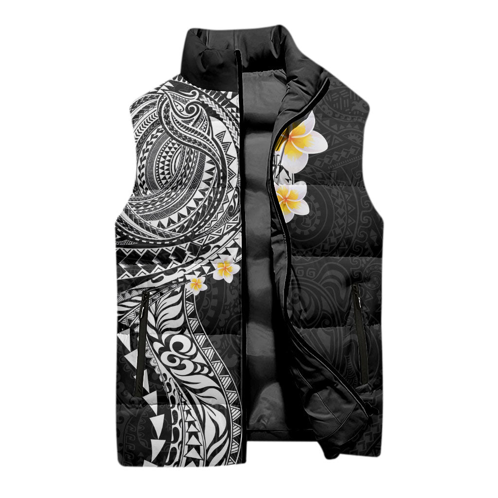 Hawaiian Tribal Tattoo and Plumeria Sleeveless Puffer Jacket Polynesian Pattern Black Color