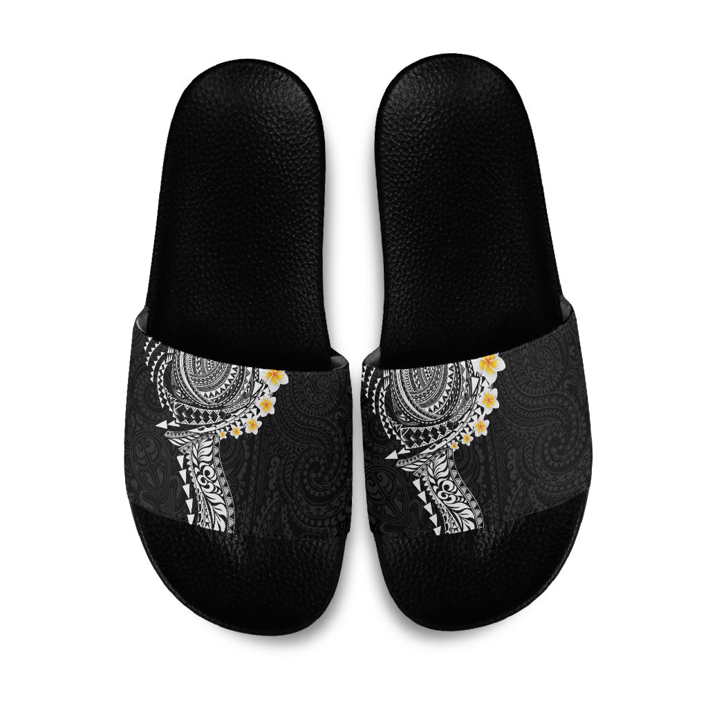 Hawaiian Tribal Tattoo and Plumeria Slide Sandals Polynesian Pattern Black Color