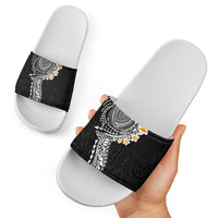 Hawaiian Tribal Tattoo and Plumeria Slide Sandals Polynesian Pattern Black Color