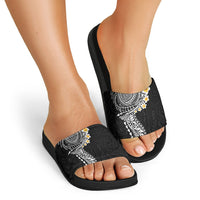 Hawaiian Tribal Tattoo and Plumeria Slide Sandals Polynesian Pattern Black Color