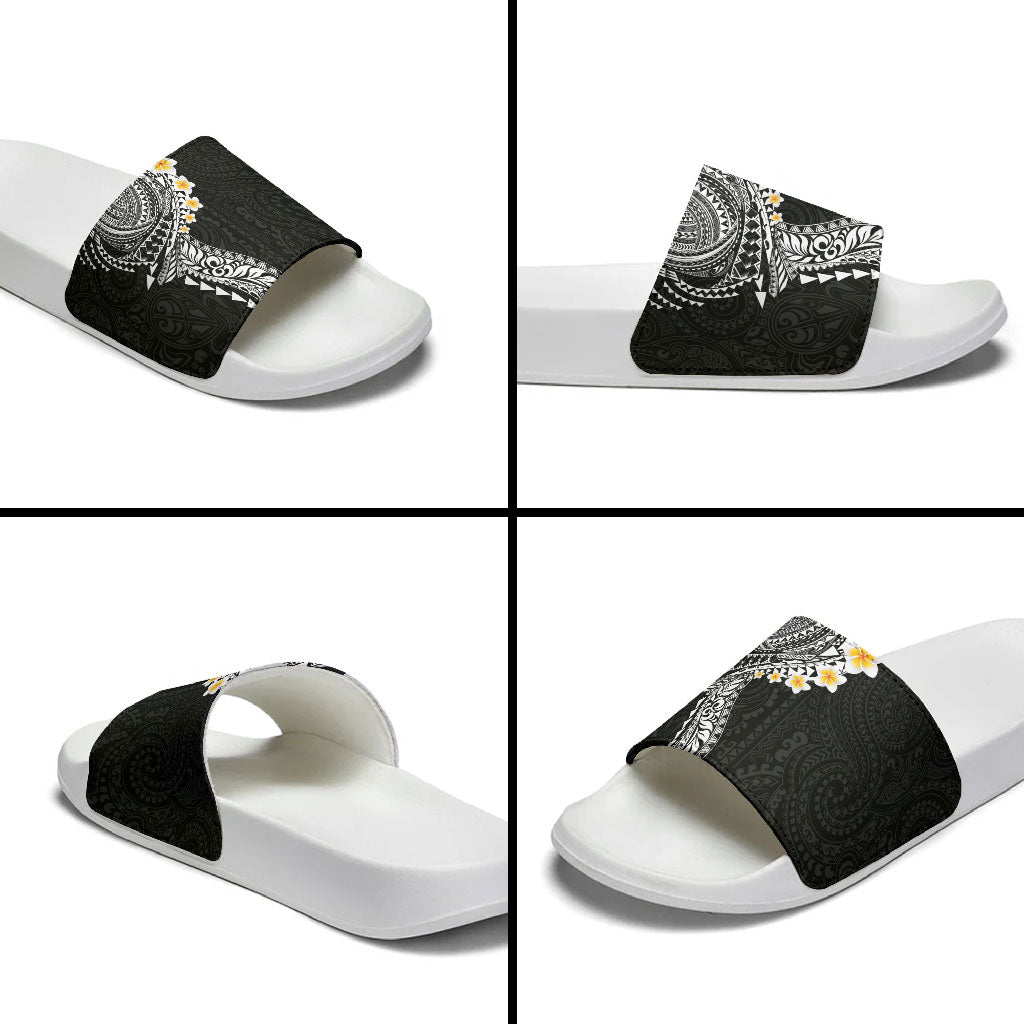 Hawaiian Tribal Tattoo and Plumeria Slide Sandals Polynesian Pattern Black Color