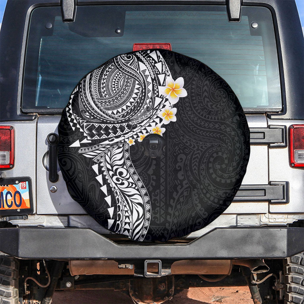 Hawaiian Tribal Tattoo and Plumeria Spare Tire Cover Polynesian Pattern Black Color