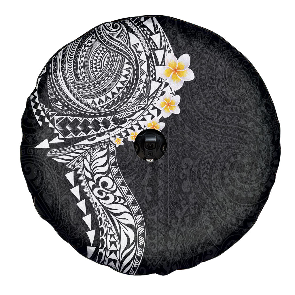 Hawaiian Tribal Tattoo and Plumeria Spare Tire Cover Polynesian Pattern Black Color