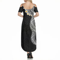 Hawaiian Tribal Tattoo and Plumeria Summer Maxi Dress Polynesian Pattern Black Color