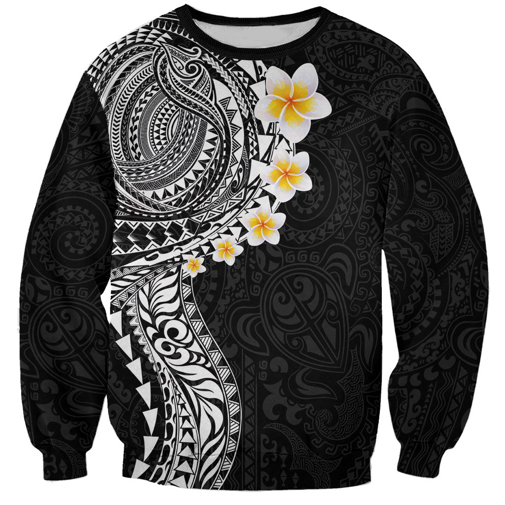 Hawaiian Tribal Tattoo and Plumeria Sweatshirt Polynesian Pattern Black Color