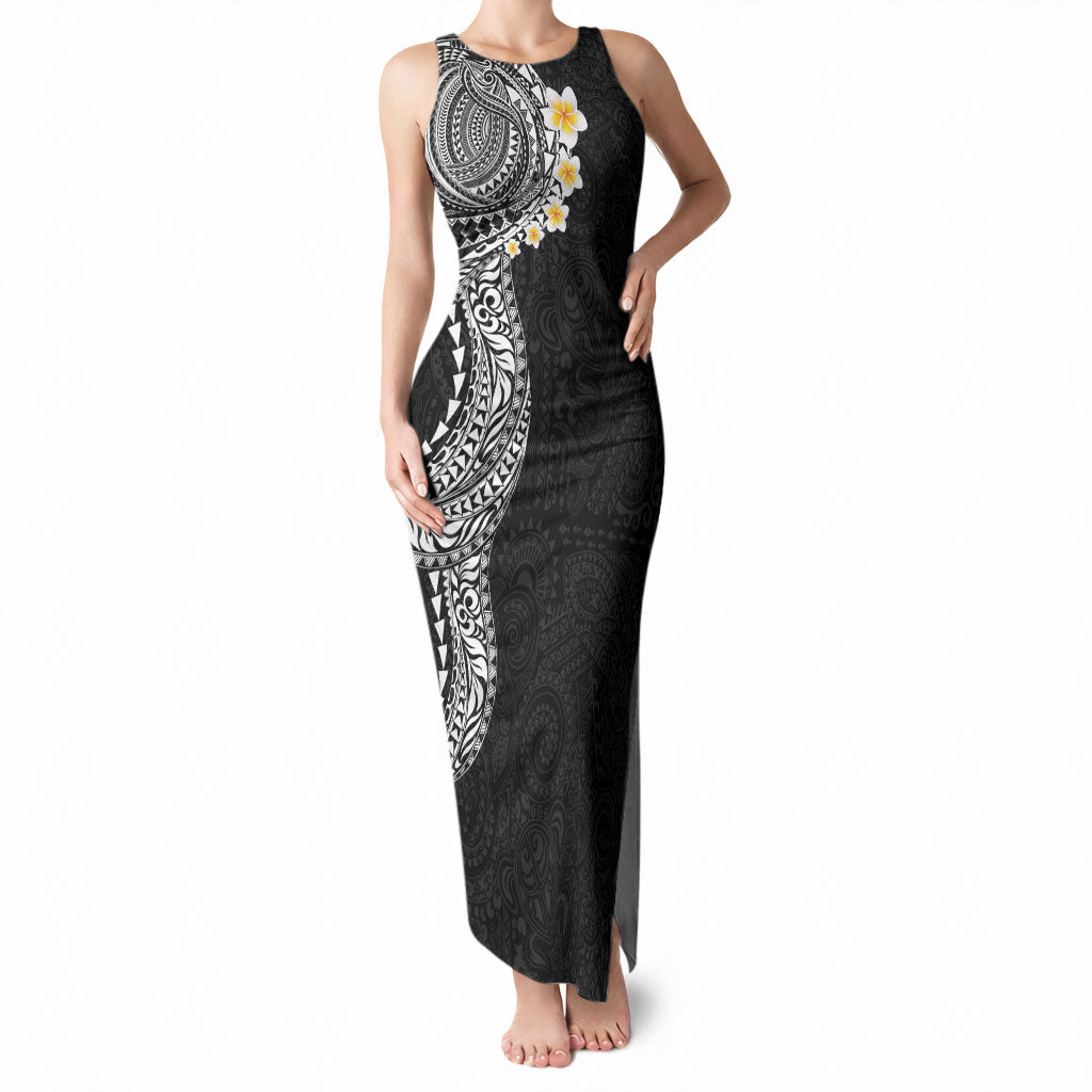 Hawaiian Tribal Tattoo and Plumeria Tank Maxi Dress Polynesian Pattern Black Color