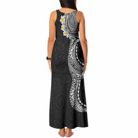 Hawaiian Tribal Tattoo and Plumeria Tank Maxi Dress Polynesian Pattern Black Color