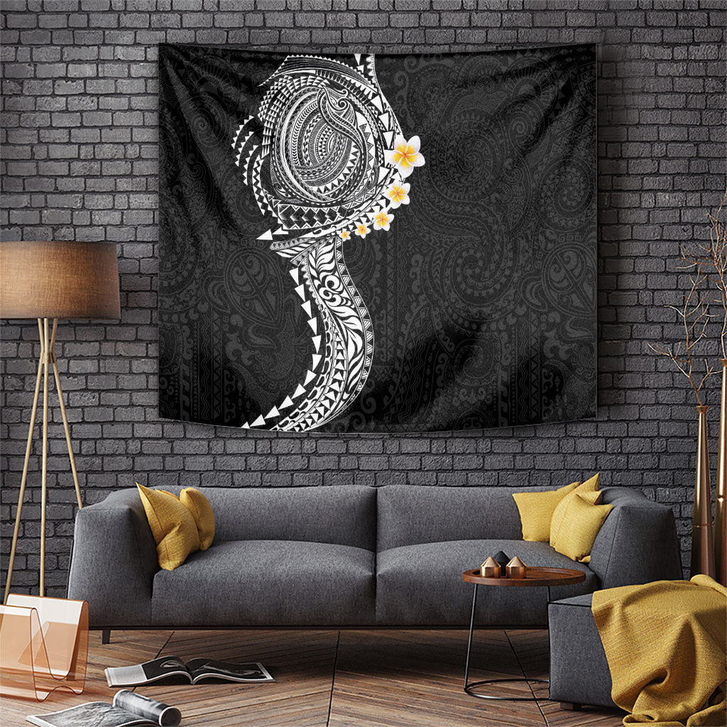 Hawaiian Tribal Tattoo and Plumeria Tapestry Polynesian Pattern Black Color