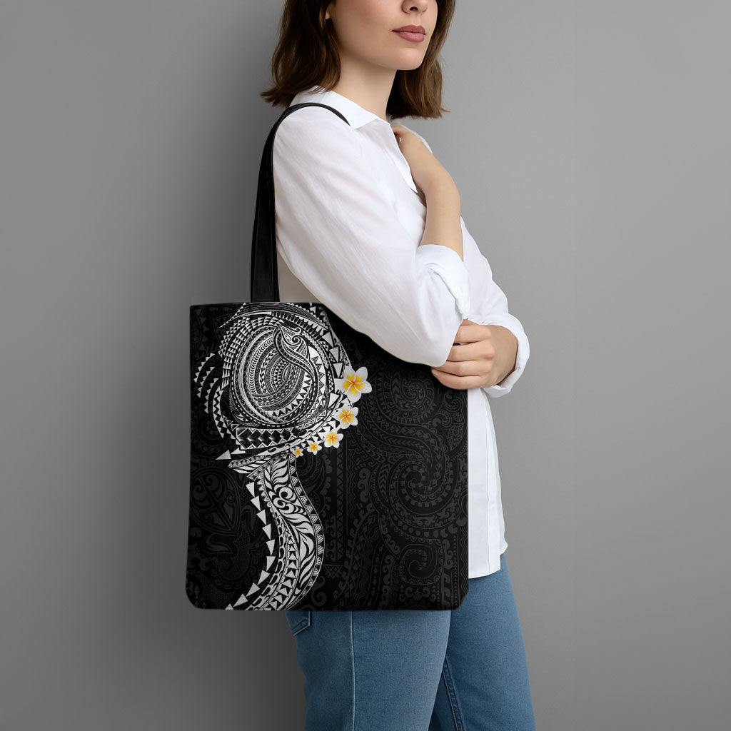 Hawaiian Tribal Tattoo and Plumeria Tote Bag Polynesian Pattern Black Color