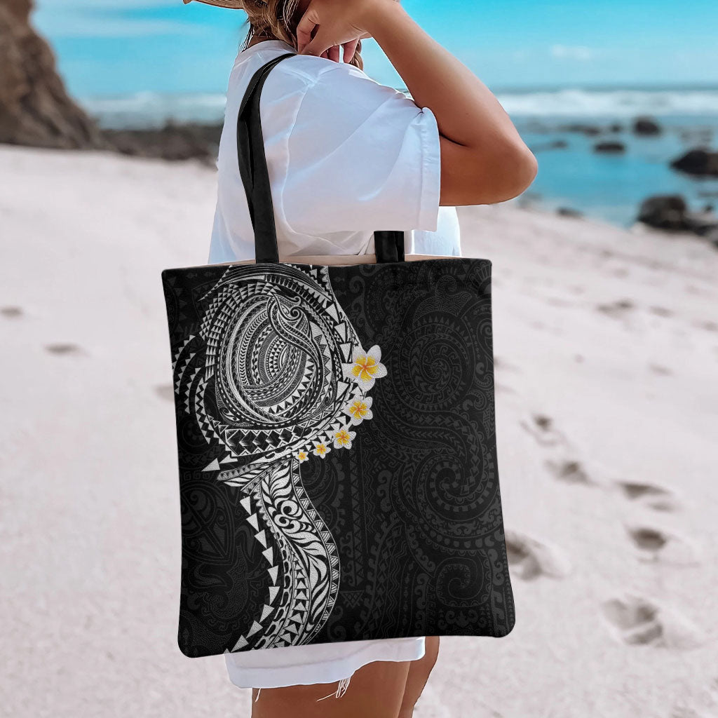 Hawaiian Tribal Tattoo and Plumeria Tote Bag Polynesian Pattern Black Color