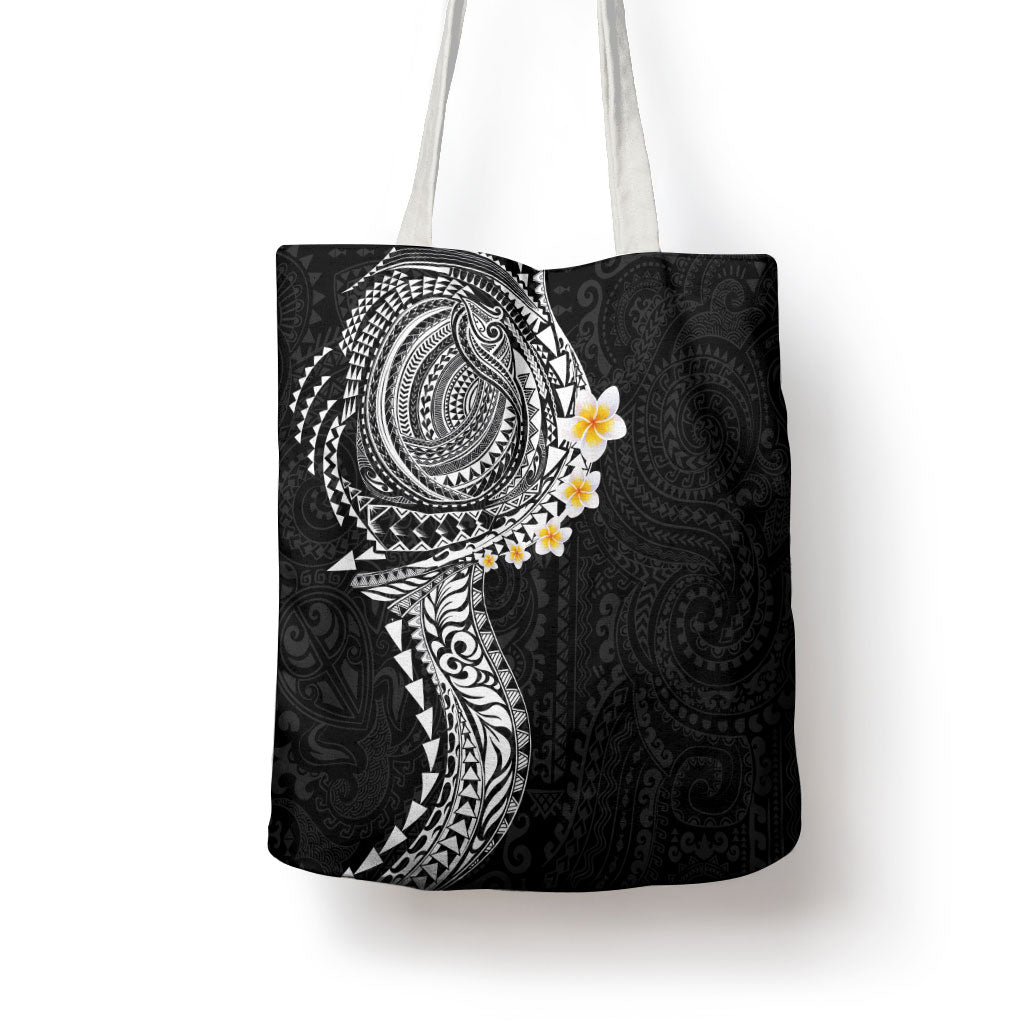 Hawaiian Tribal Tattoo and Plumeria Tote Bag Polynesian Pattern Black Color