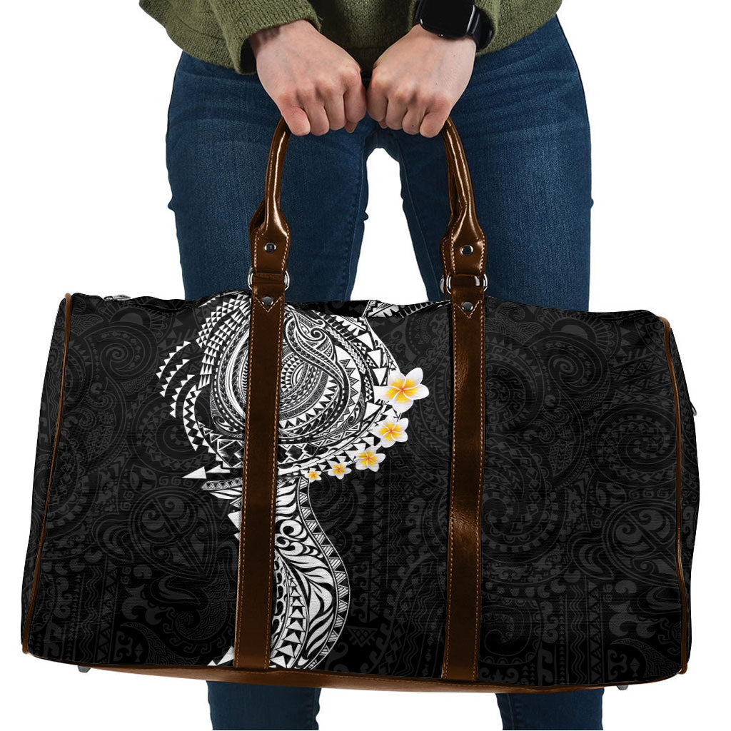 Hawaiian Tribal Tattoo and Plumeria Travel Bag Polynesian Pattern Black Color