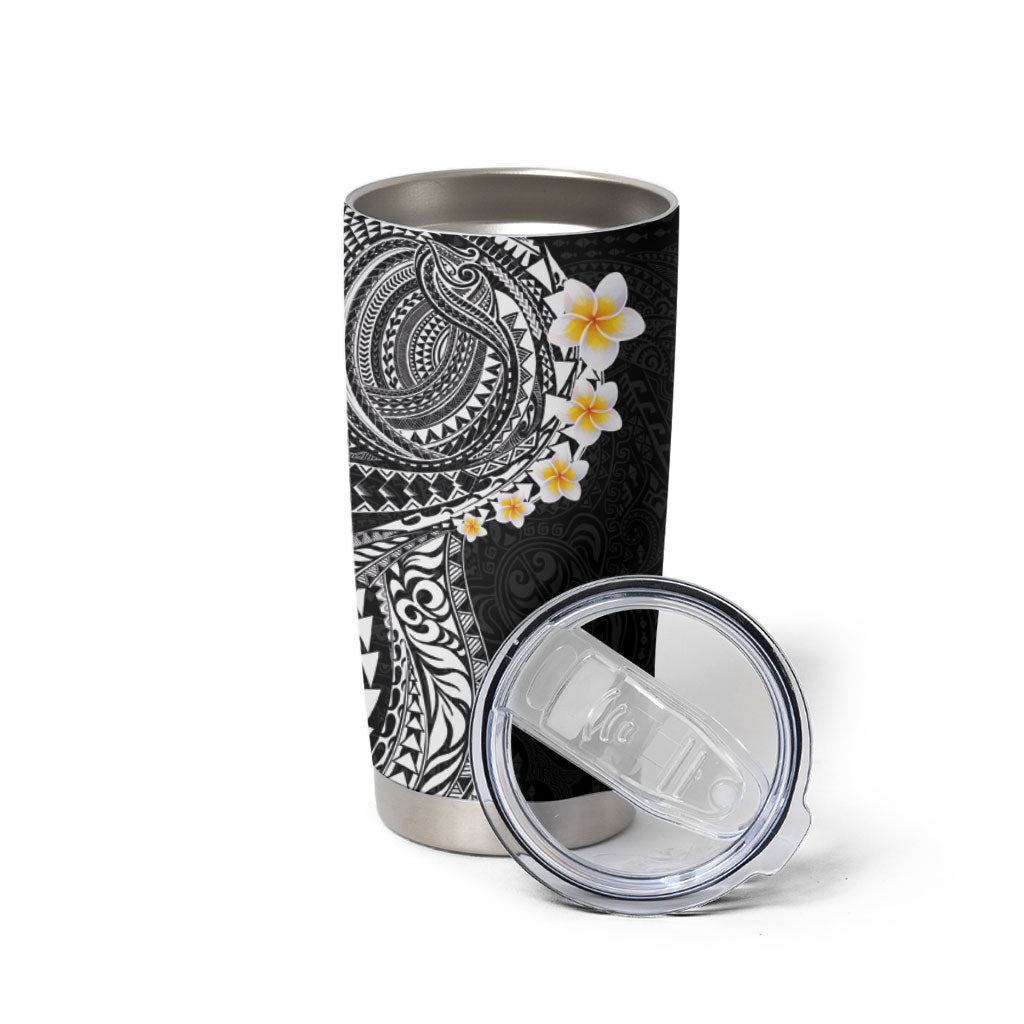 Hawaiian Tribal Tattoo and Plumeria Tumbler Cup Polynesian Pattern Black Color