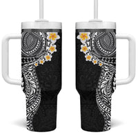 Hawaiian Tribal Tattoo and Plumeria Tumbler With Handle Polynesian Pattern Black Color