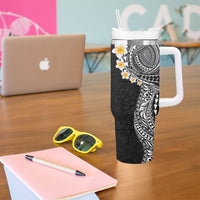 Hawaiian Tribal Tattoo and Plumeria Tumbler With Handle Polynesian Pattern Black Color