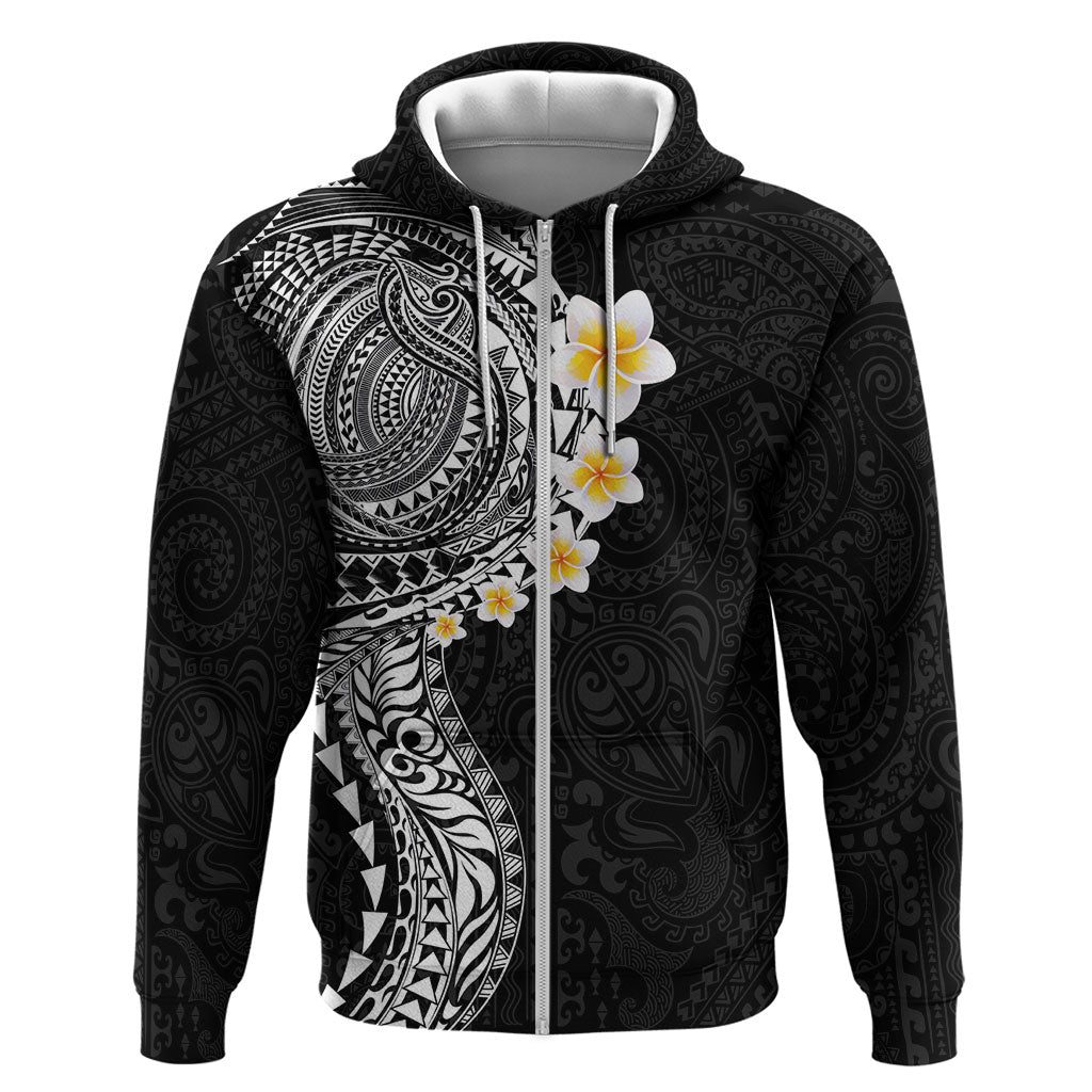 Hawaiian Tribal Tattoo and Plumeria Zip Hoodie Polynesian Pattern Black Color