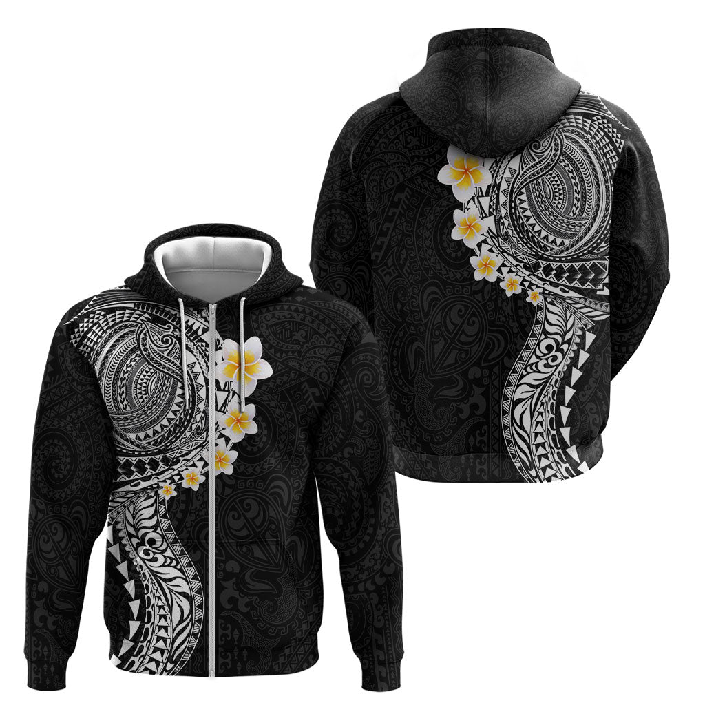 Hawaiian Tribal Tattoo and Plumeria Zip Hoodie Polynesian Pattern Black Color