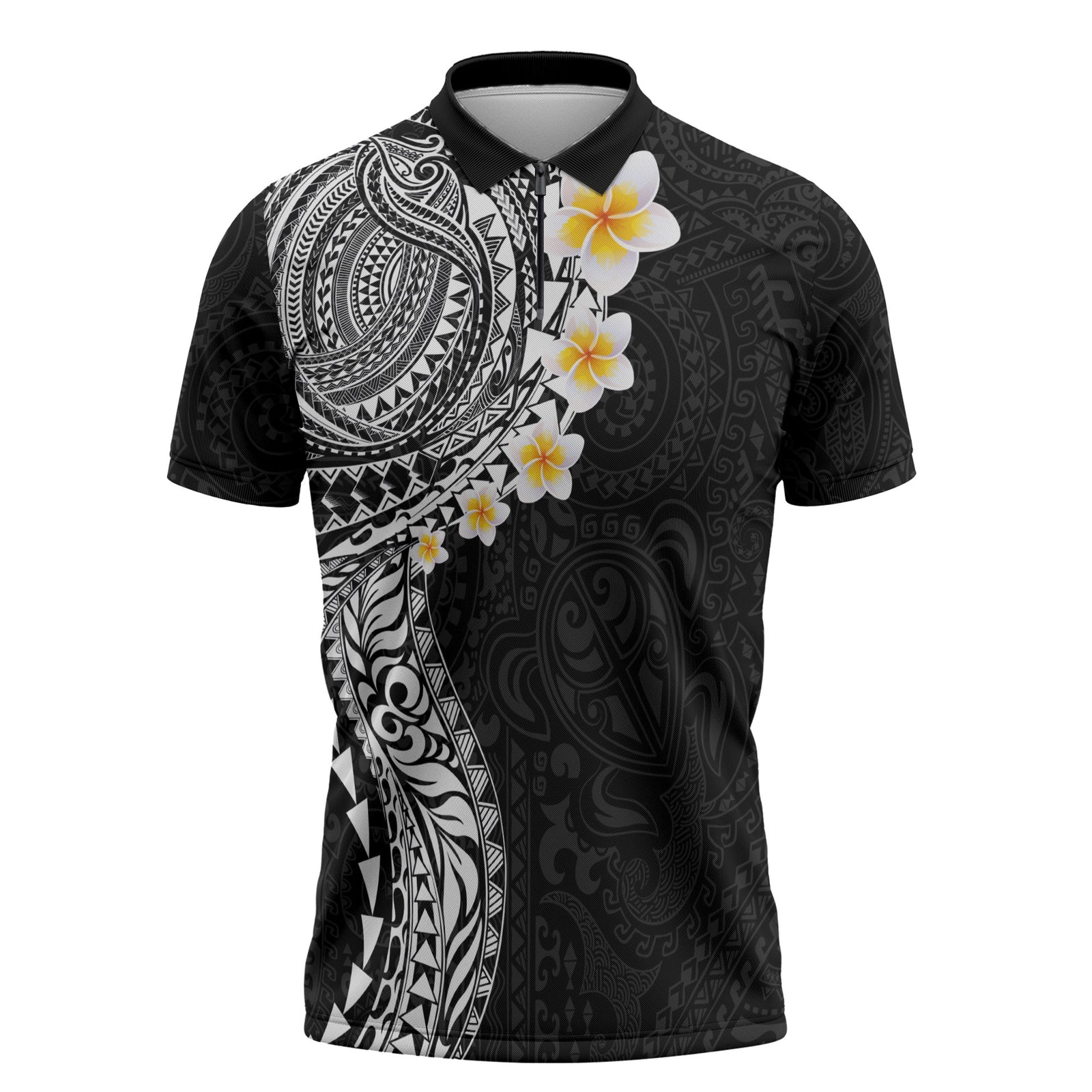 Hawaiian Tribal Tattoo and Plumeria Zipper Polo Shirt Polynesian Pattern Black Color