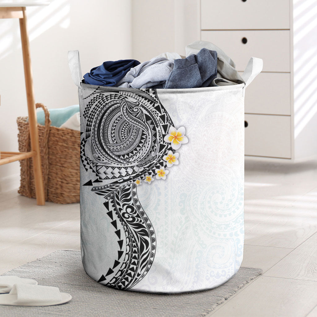 Hawaiian Tribal Tattoo and Plumeria Laundry Basket Polynesian Pattern White Color