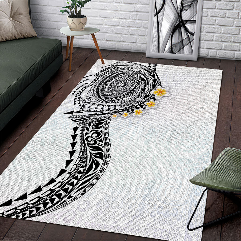 Hawaiian Tribal Tattoo and Plumeria Area Rug Polynesian Pattern White Color