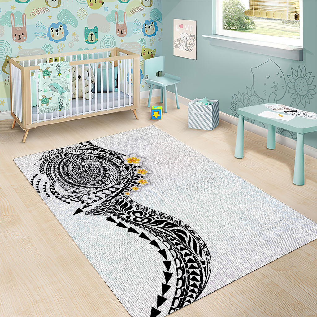 Hawaiian Tribal Tattoo and Plumeria Area Rug Polynesian Pattern White Color