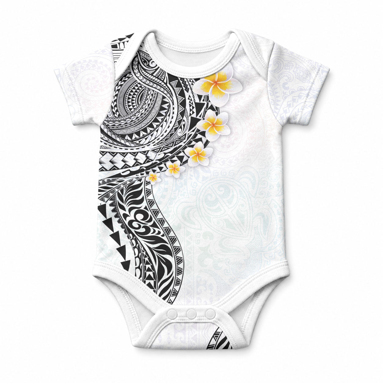 Hawaiian Tribal Tattoo and Plumeria Baby Onesie Polynesian Pattern White Color
