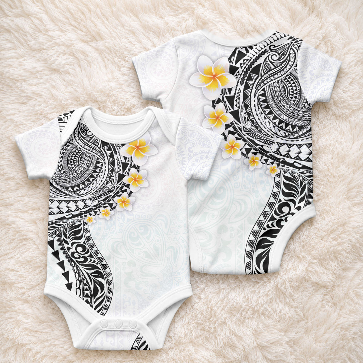 Hawaiian Tribal Tattoo and Plumeria Baby Onesie Polynesian Pattern White Color