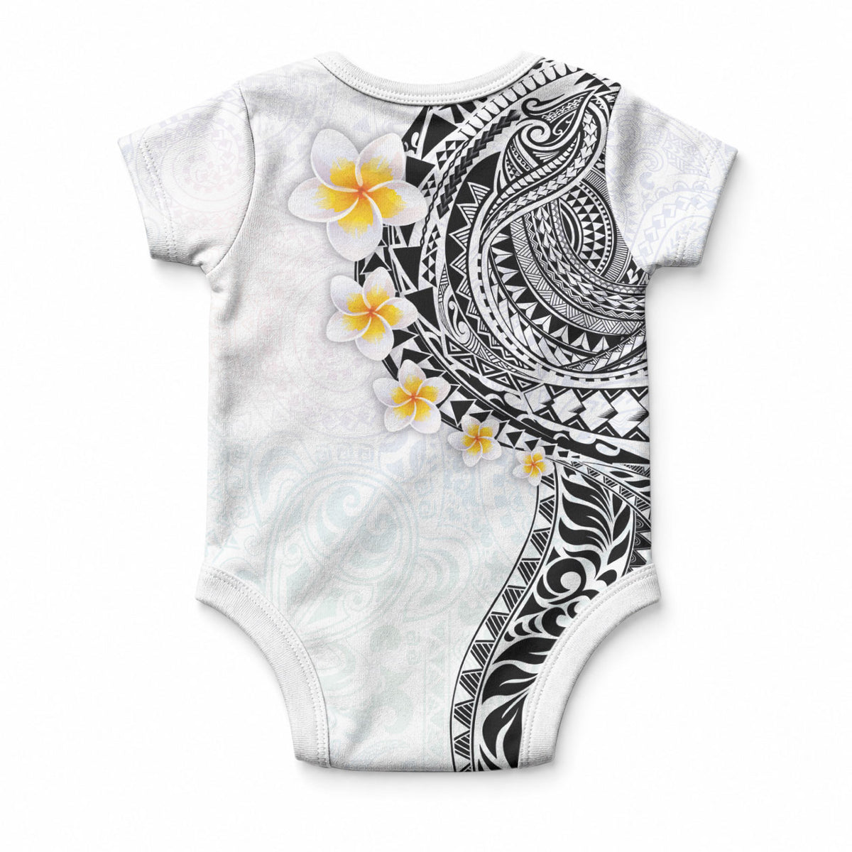 Hawaiian Tribal Tattoo and Plumeria Baby Onesie Polynesian Pattern White Color