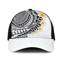 Hawaiian Tribal Tattoo and Plumeria Baseball Net Cap Polynesian Pattern White Color